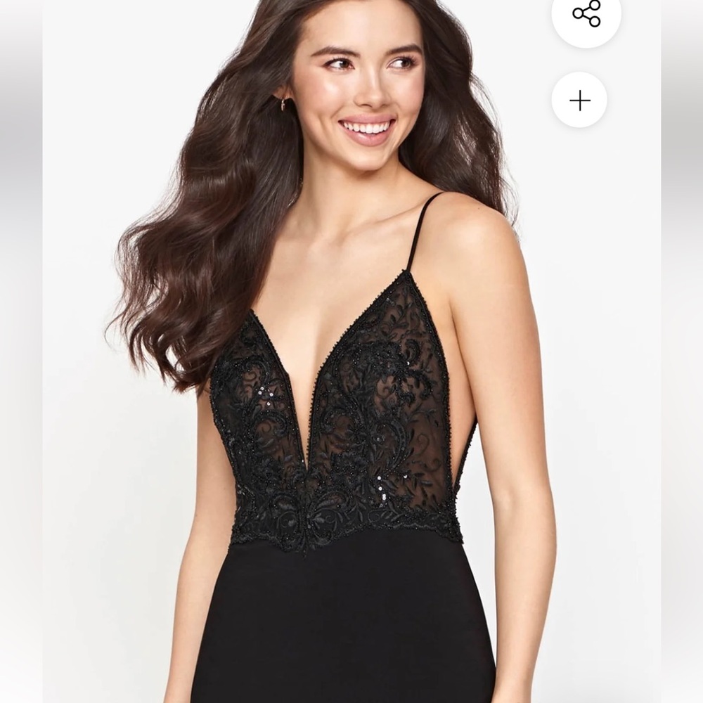 Faviana Glamour Black Lace Beaded Gown Illusion Neck and Sides Front Slit 6 / 8